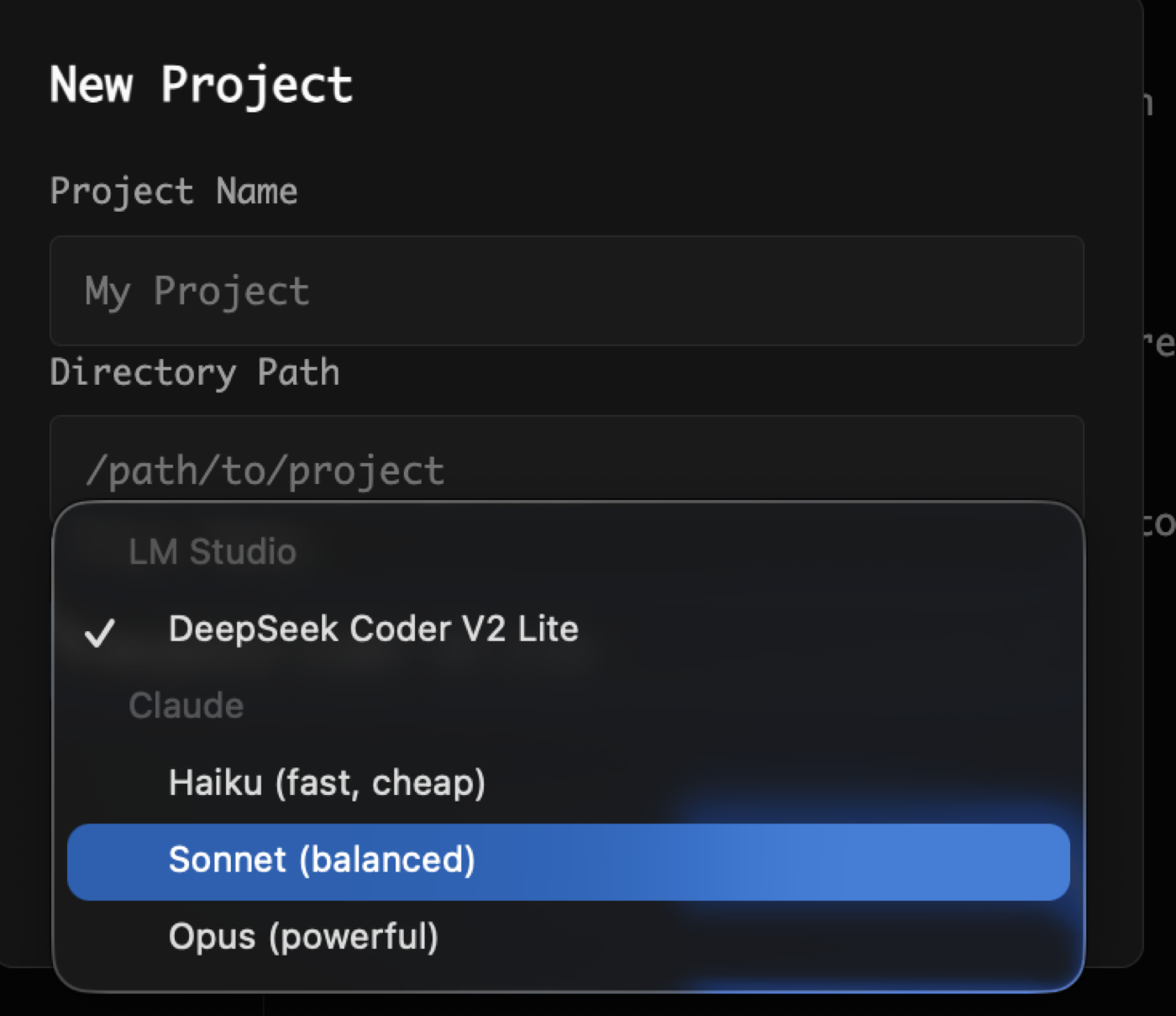 Create new project dialog